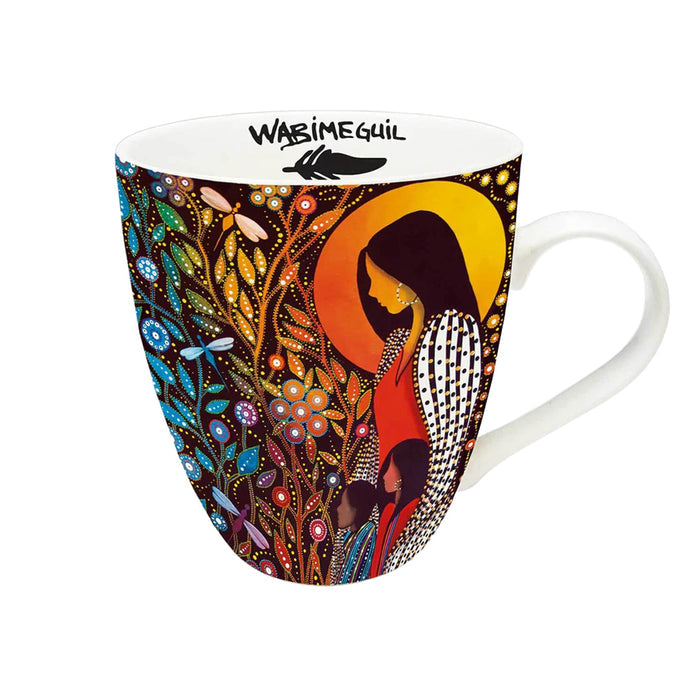 Colorful mug with artistic design and 'Wabimeguil' branding on a white background