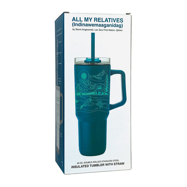 Teal insulated tumbler with handle and straw in packaging on a white background