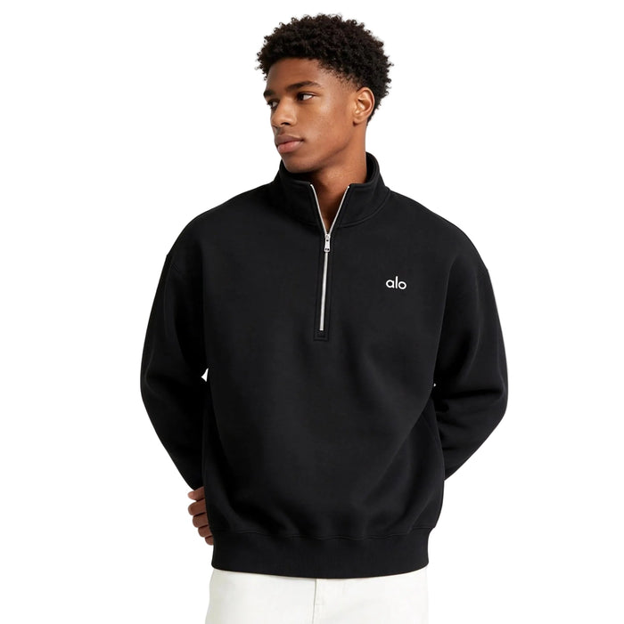 ALO YOGA ACCOLADE 1 4 ZIP BLACK SWEATSHIRT - AFewVibe