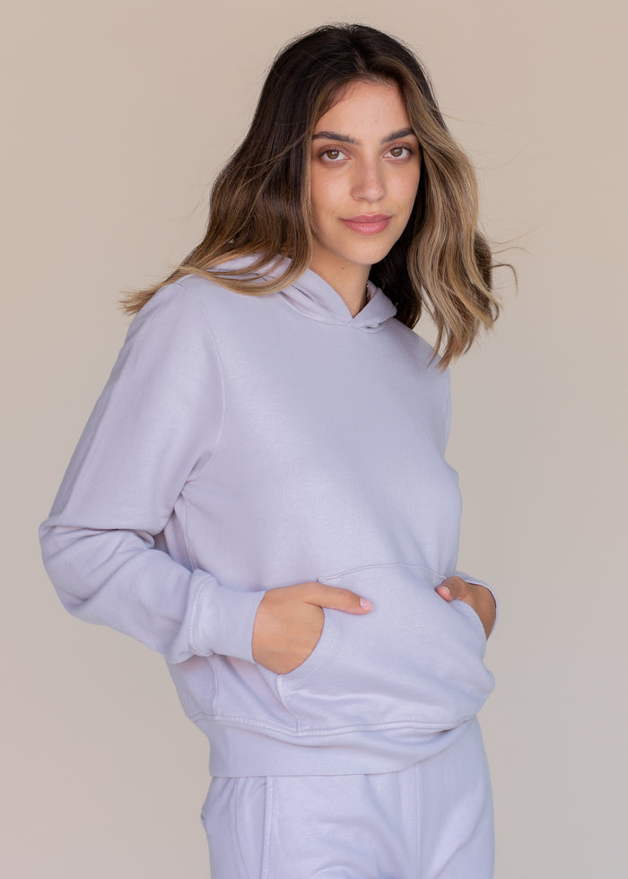 woman wearing basic hoodie in slate