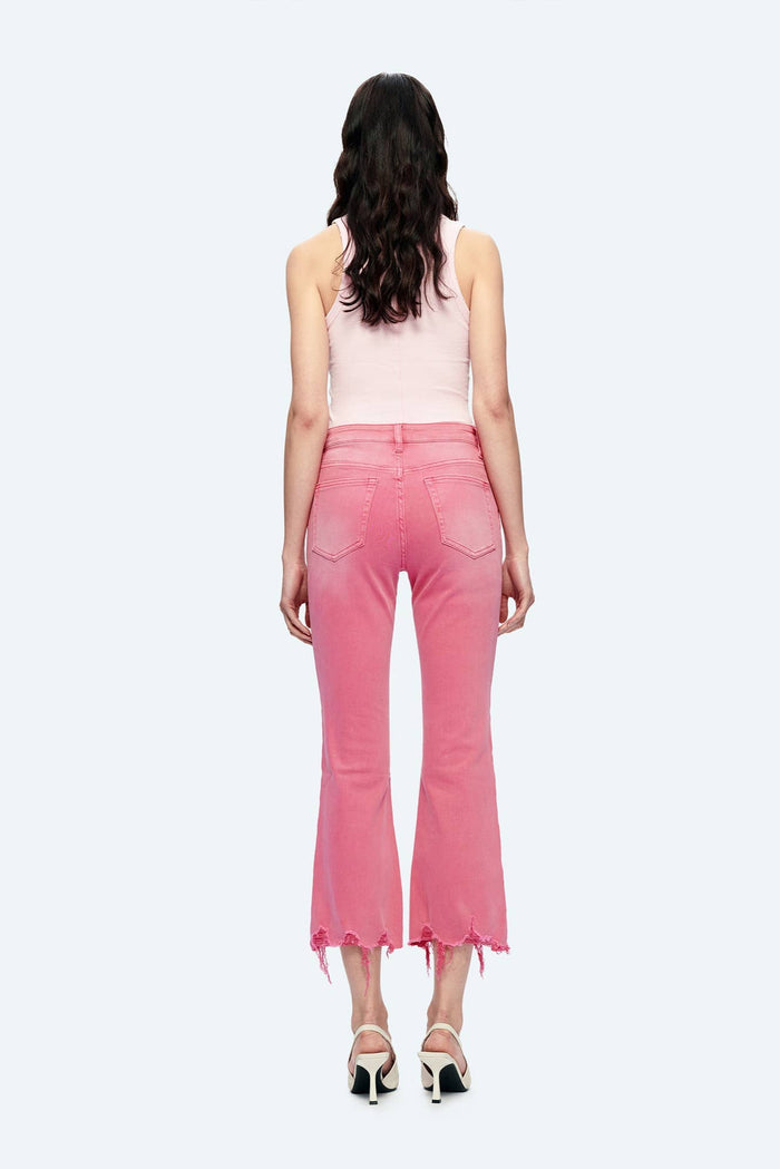 Style the Bayeas Razberry Pink Mid Rise Crop Flare With Frayed Hem exclusively at Born To Glam