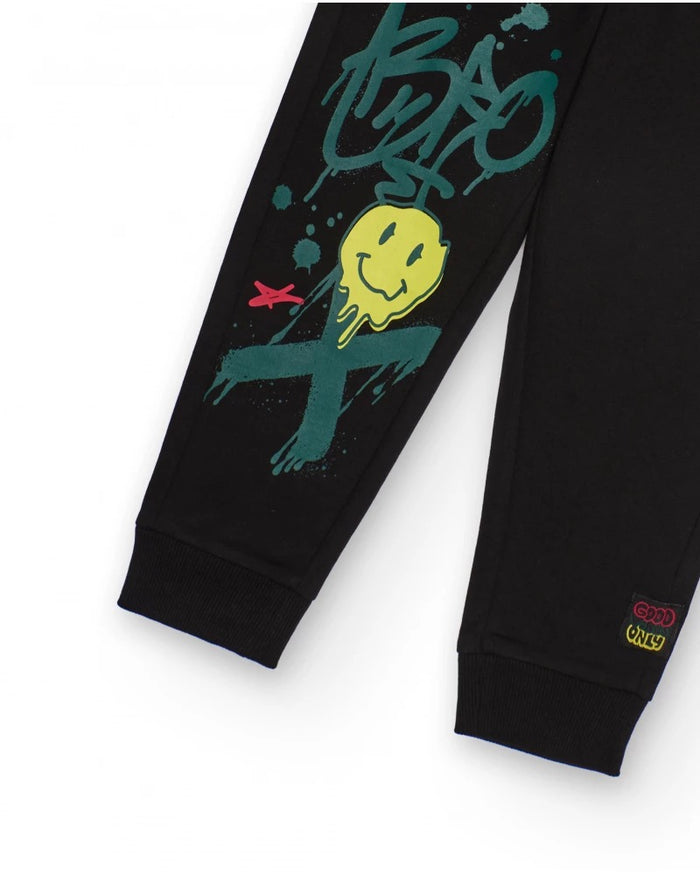 Black jogger pants for boys with graffiti-style print