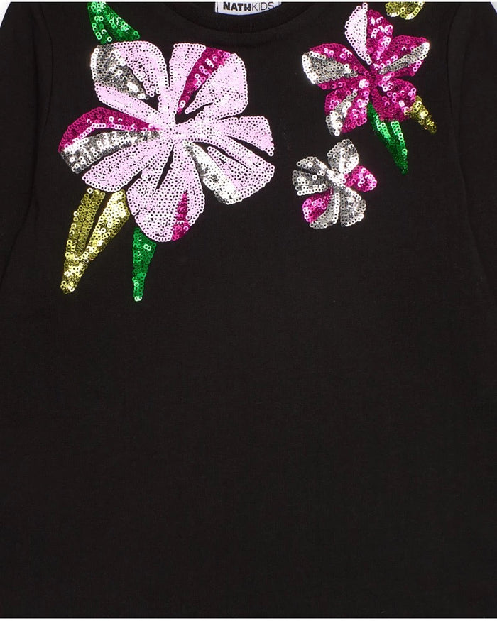 Black long-sleeve t-shirt with sequin flowers for girls