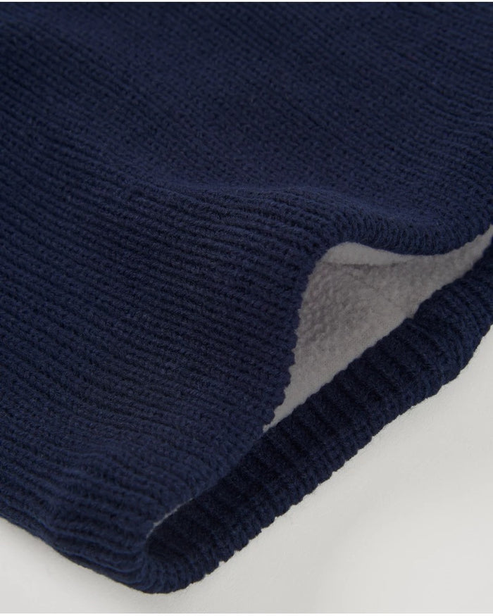 Boys’ navy knit hat with pompom and matching neck warmer set