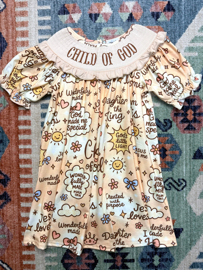 “Child of God” Smocked Ruffle Dress