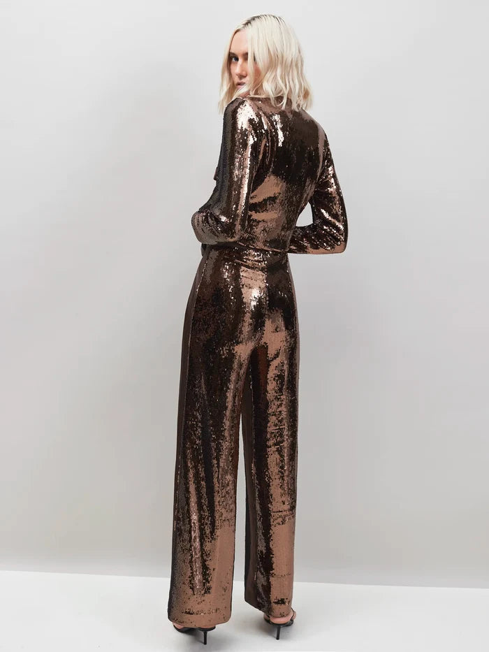 Chocolate Brown Sequinned Satin-Stripe Trousers