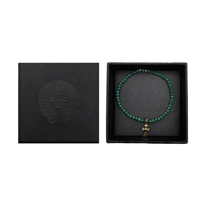 Chrome Hearts 4mm Green Beaded 22K Gold Cross Pendant Bracelet - SHENGLI ROAD MARKET