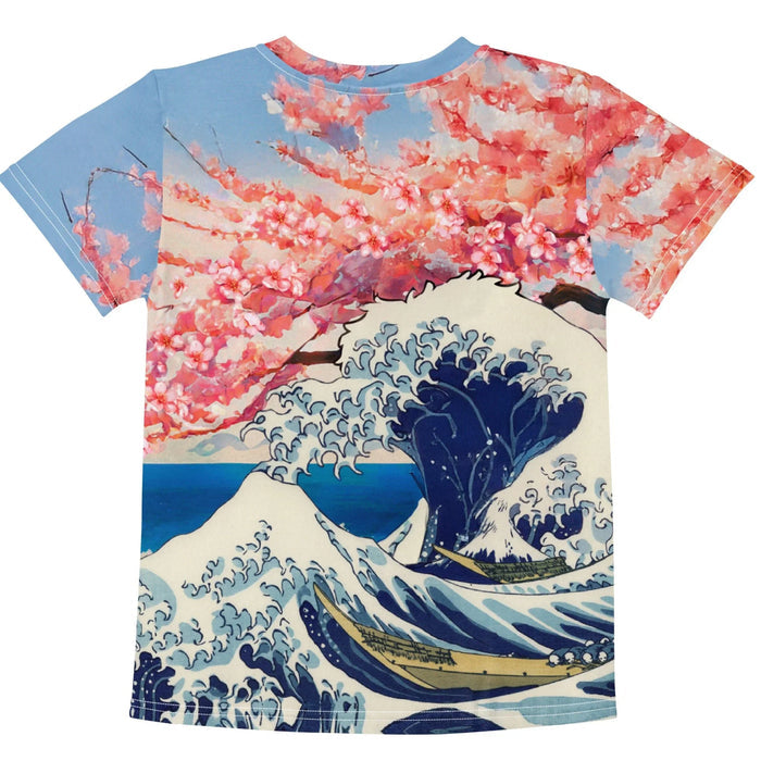 Cookie Wave Blossom Kid's Tee - The iconic indigo claws of the Kanagawa wave crest (#192841) transformed into a googly-eyed blue monster devouring golden-brown cookies (#C68E56).
