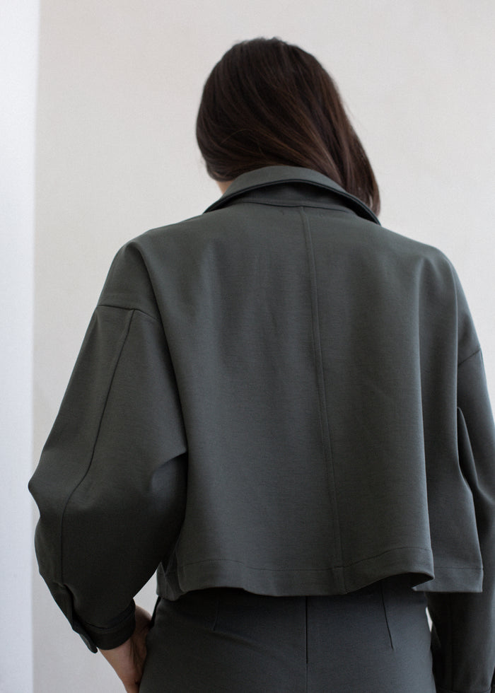 Back view of Cropped Worker's Jacket on model