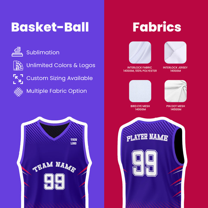 Basketball jersey design with customization options on a purple and red background