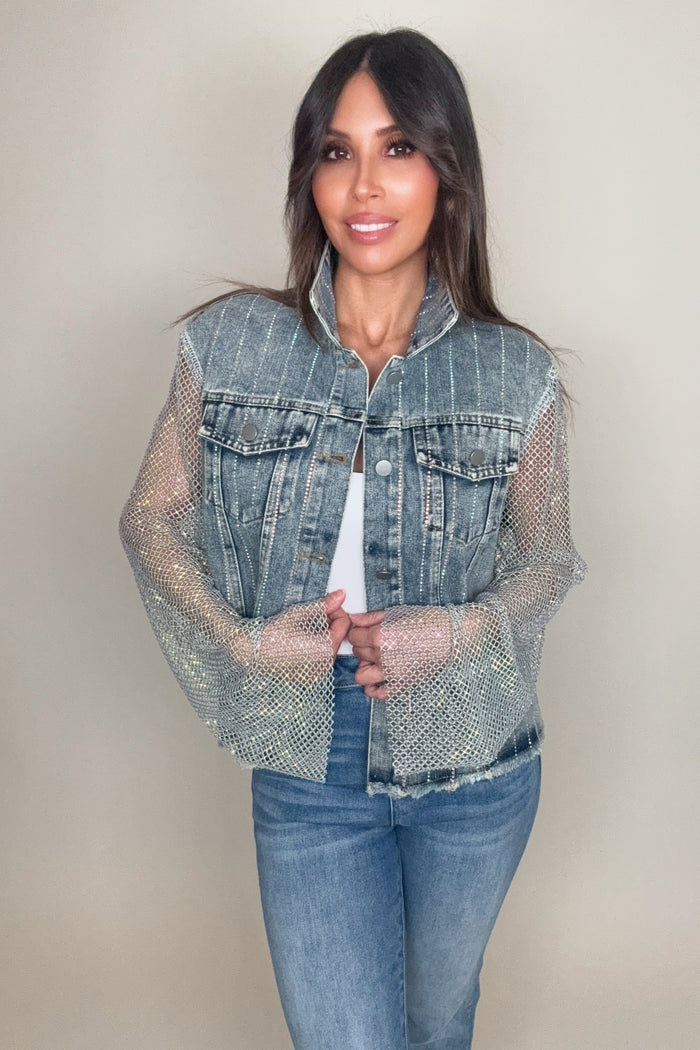 Style the Denim Crystal Mesh Sleeve Jacket exclusively at Born To Glam