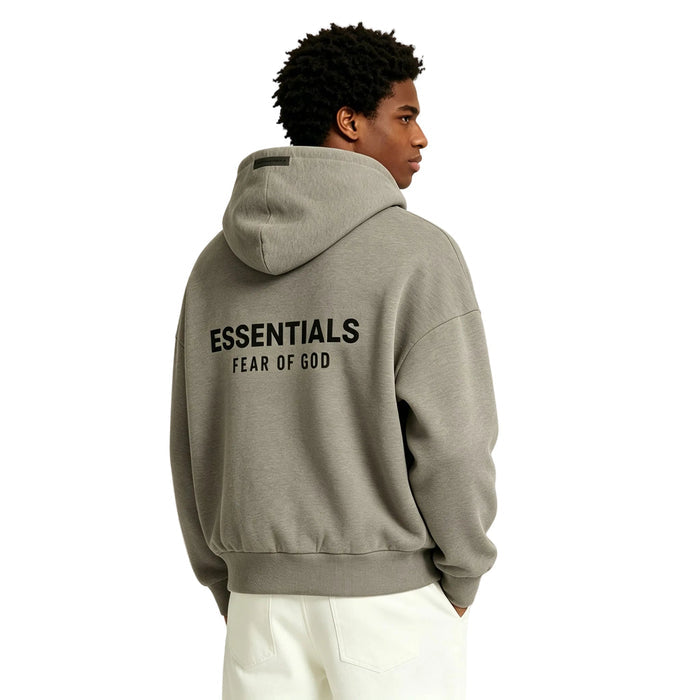 Fear of God Essentials Classic Fit Fleece Hoodie Homestead Heather worn from the back
