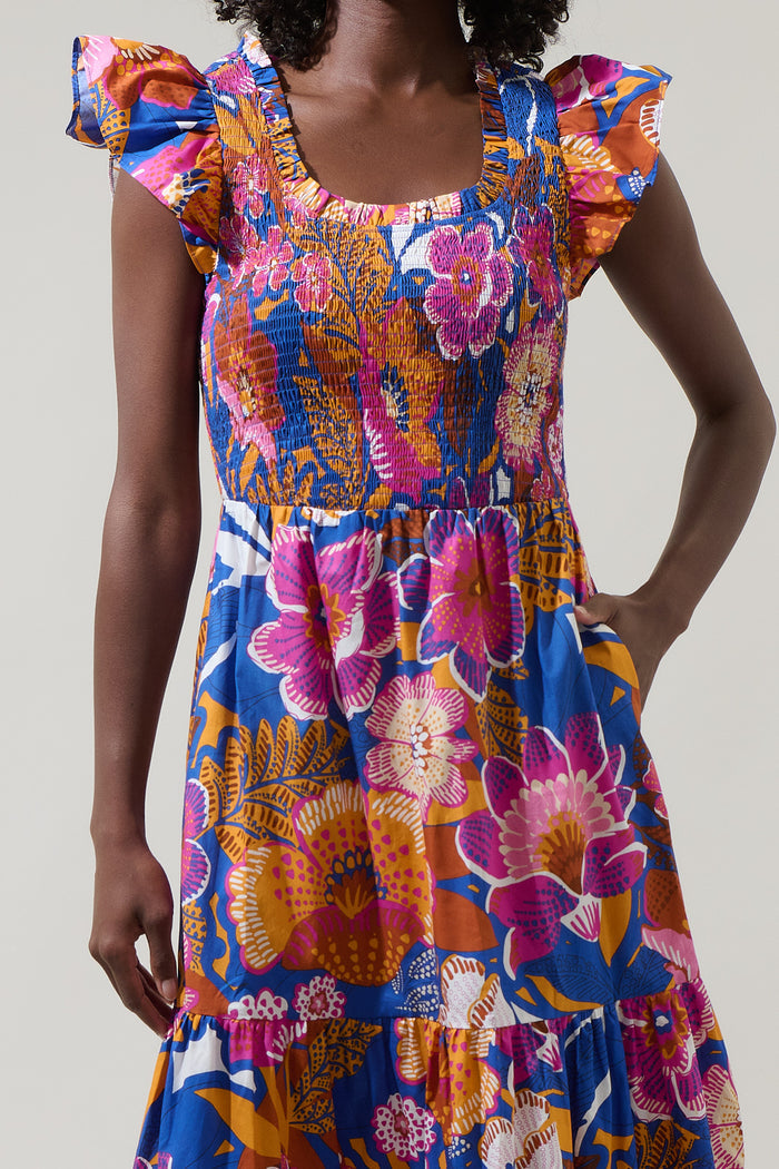 Eveline Floral Giza Glare Smock Tiered Midi Dress