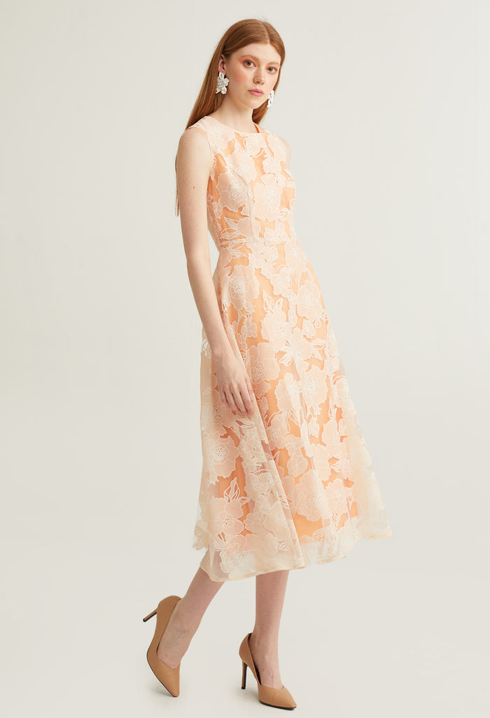 Floral Contrast Embossed Layered Midi Dress