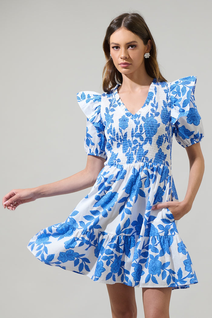Glantis Floral Leones Smocked Mini Dress