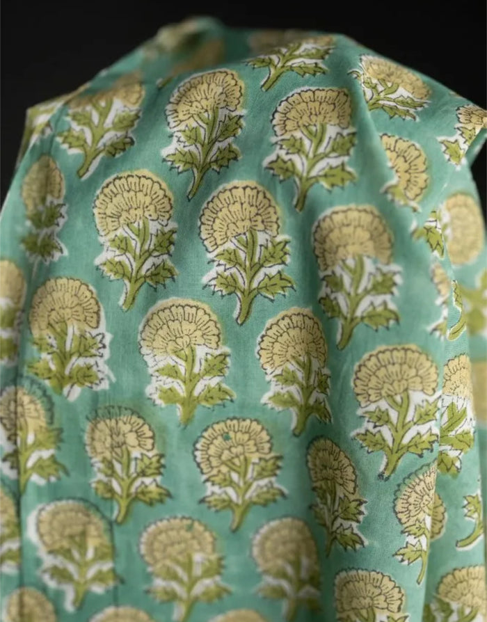 Green Yarrow Flower Indian Block Print Cotton Fabric