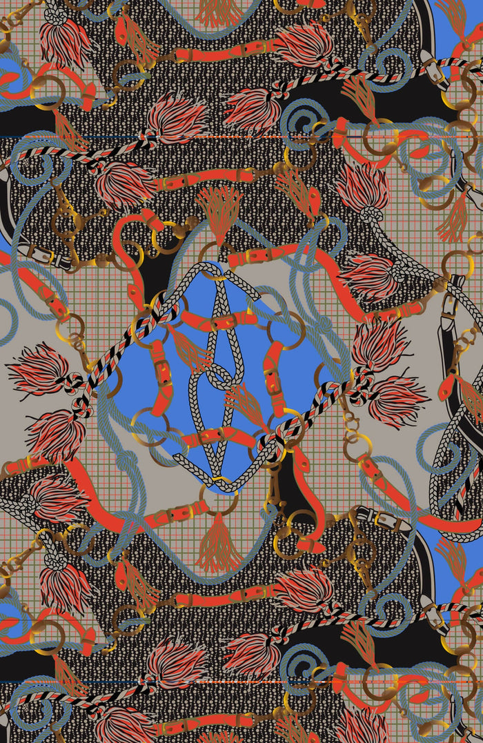 Isolated view of the Ditto print in black. It is blue, orange, tan, brown chains and horse bits.