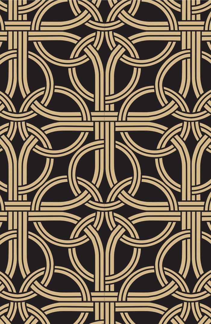 Decorative pattern with interlocking circles in beige on a black background