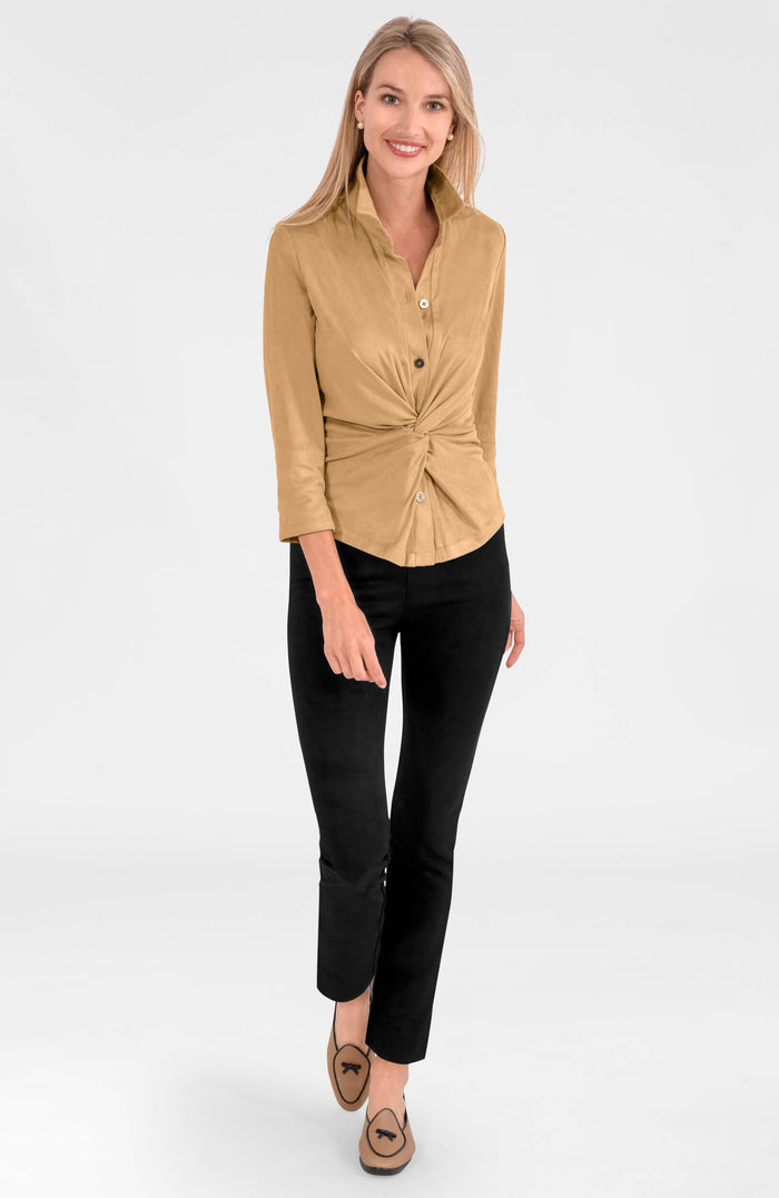 Full body view of the Gretchen Scott Twist and Shout in Ultra Suede - Khaki