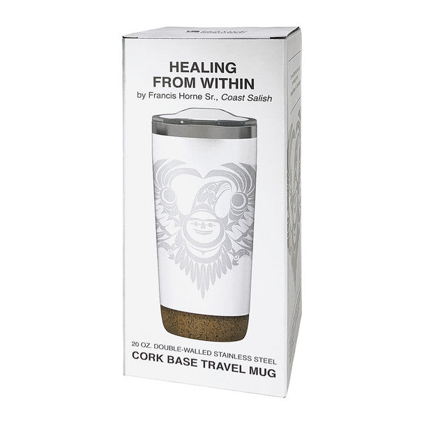 Travel mug with cork base in packaging on a white background