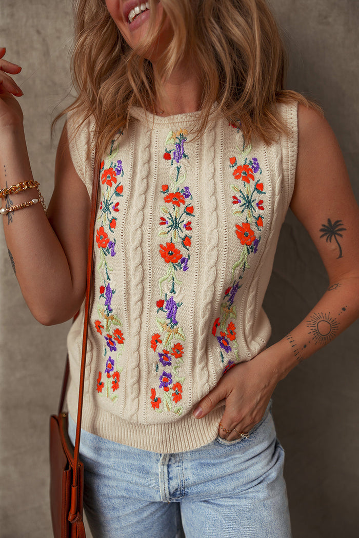 Jet Stream Embroidered Floral Cable Knit Sweater Vest - Sweaters & Cardigans/Sweater Vests