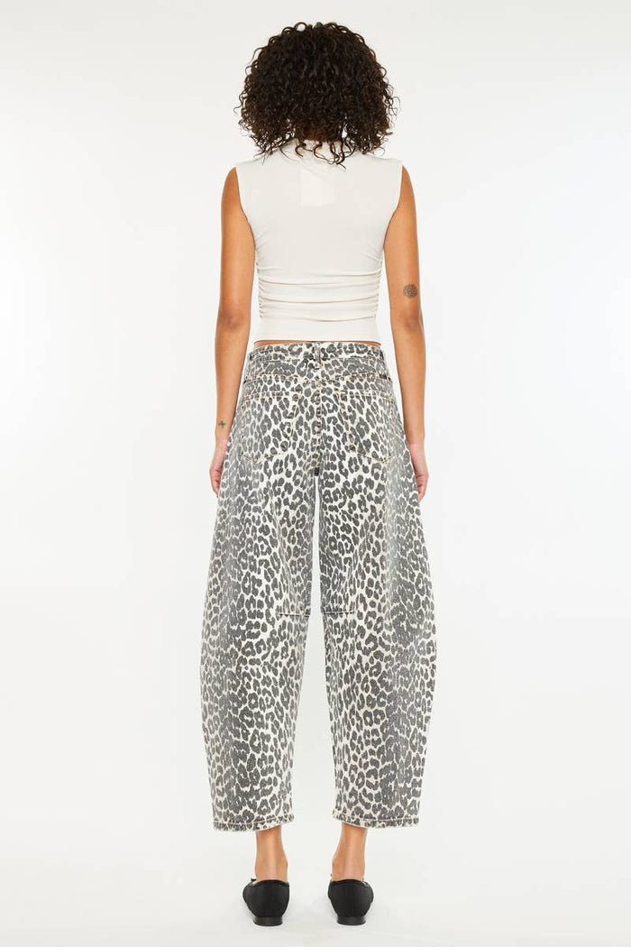 Style the Kancan Mid Rise Leopard Barrel Jeans exclusively at Born To Glam