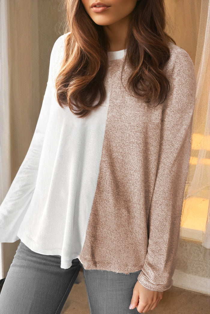 Khaki Colourblock Long Sleeve Crew Neck Top - Tops/Long Tops