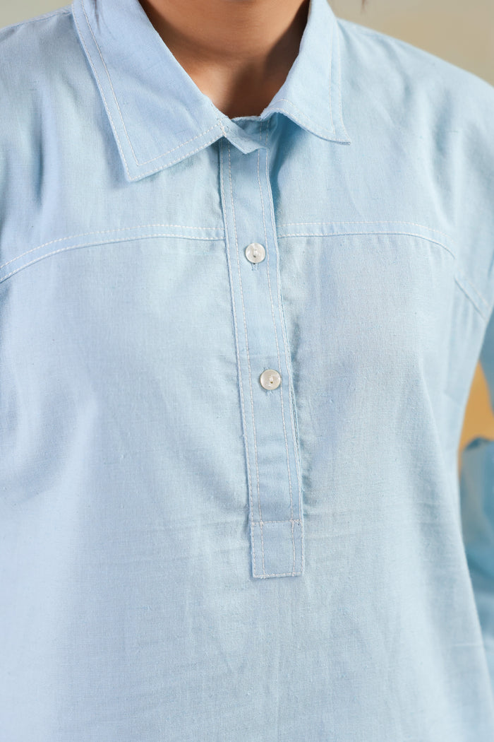 Light Blue Buttoned Modern Solid Classic Shirt Style Cotton Flex Co-ord Set