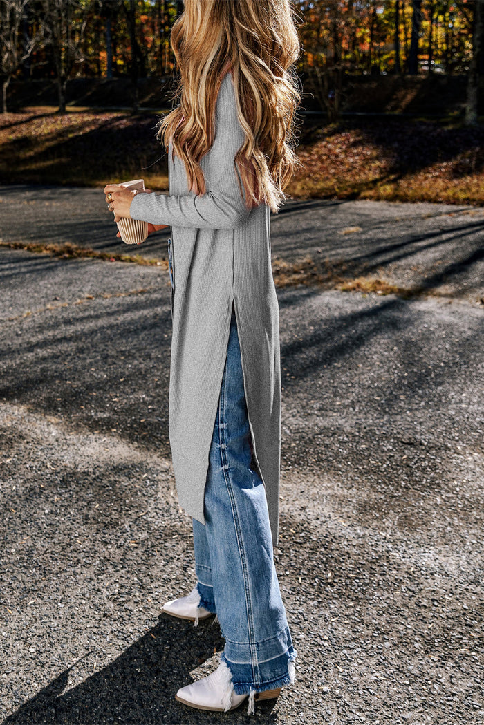 Light French Beige Ribbed Button-Up Split Duster Cardigan - Sweaters & Cardigans/Cardigans