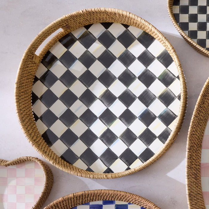 Mackenzie-Childs Courtly Check Enamel and Rattan Round Serving Tray
