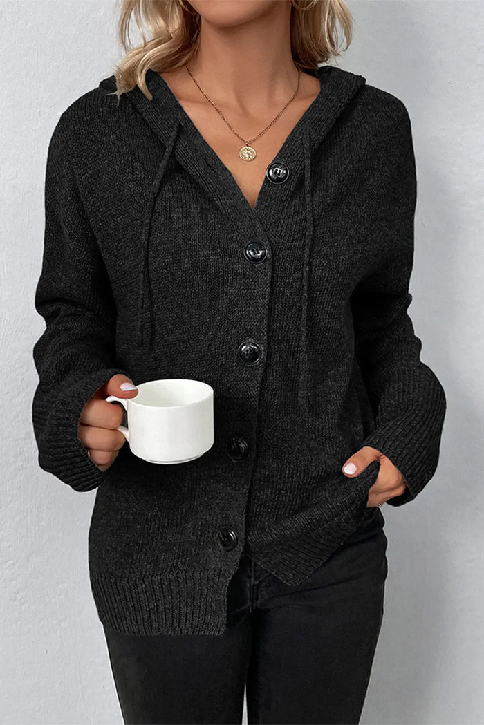 Medium Grey Drawstring Hooded Button Up Drop Shoulder Sweater Cardigan - Sweaters & Cardigans/Cardigans