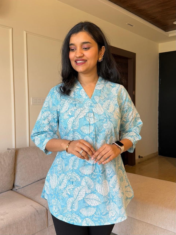 Misha Cotton Short Top- Light Blue Leaves