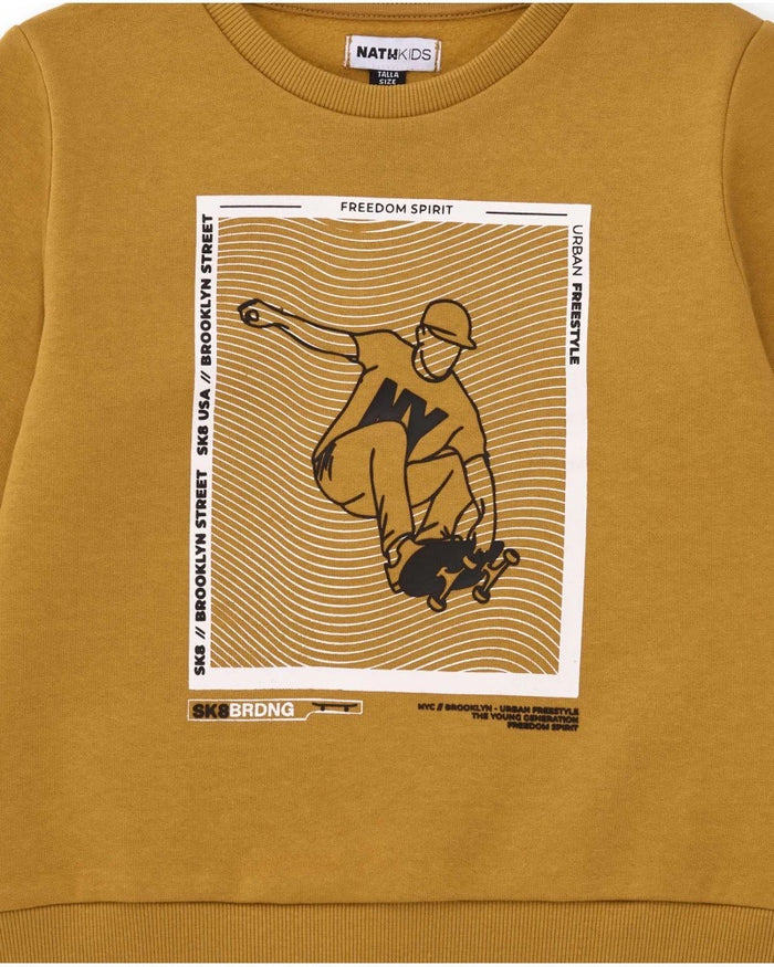 Mustard sweatshirt for boys with skater print