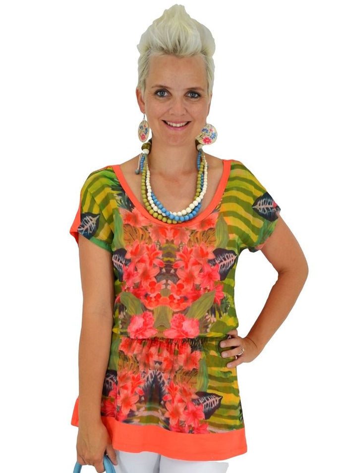 Orange flower print tunic from CC featuring a relaxed fit and lightweight fabric, perfect for casual or summer wear.