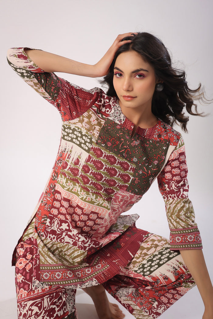 Patch Print on Wine Palazzo Cotton Loungewear Set