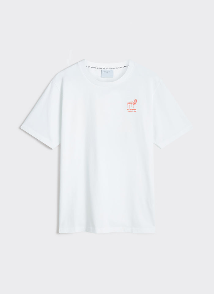 Front view of the white Percival Perci Fine Wines T-shirt in organic cotton, featuring a small orange chest graphic.