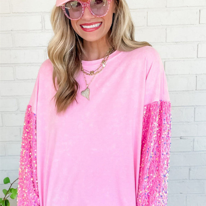 Pink Sequin Patchwork Long Sleeve Pullover Top - Sweaters & Cardigans/Sweaters