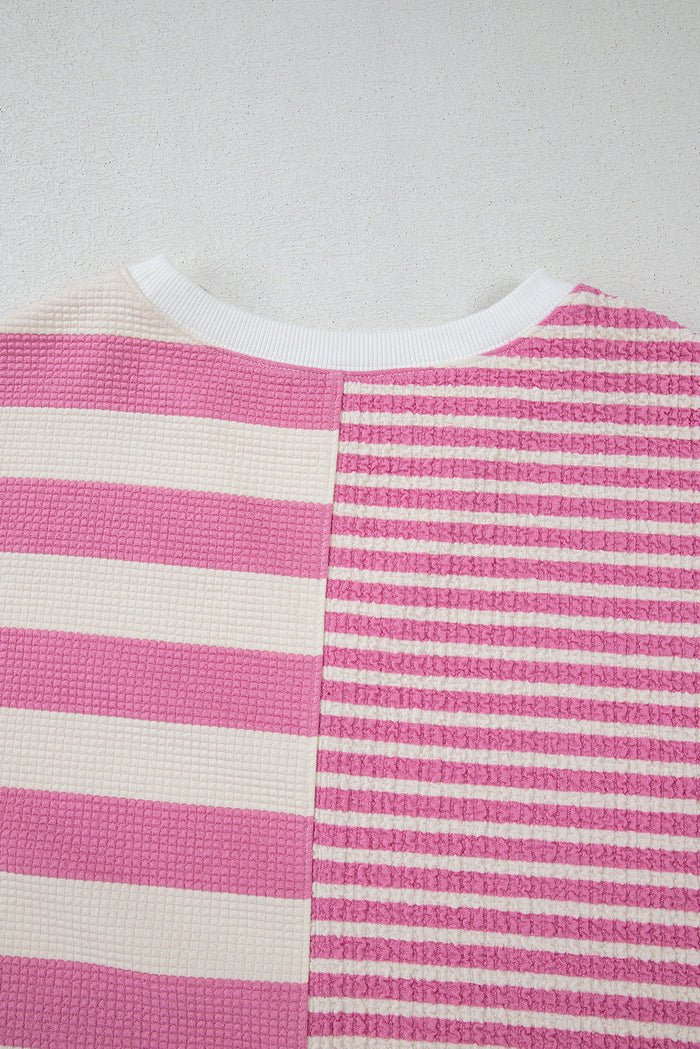 Pink Stripe Patchwork Textured Short Sleeve High Low Loose Top - Tops/Tops & Tees