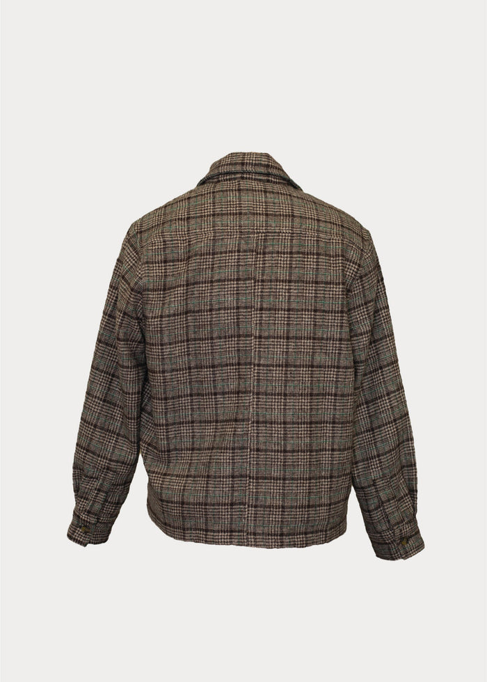 Back view of Plaid Chore Jacket in brown on model