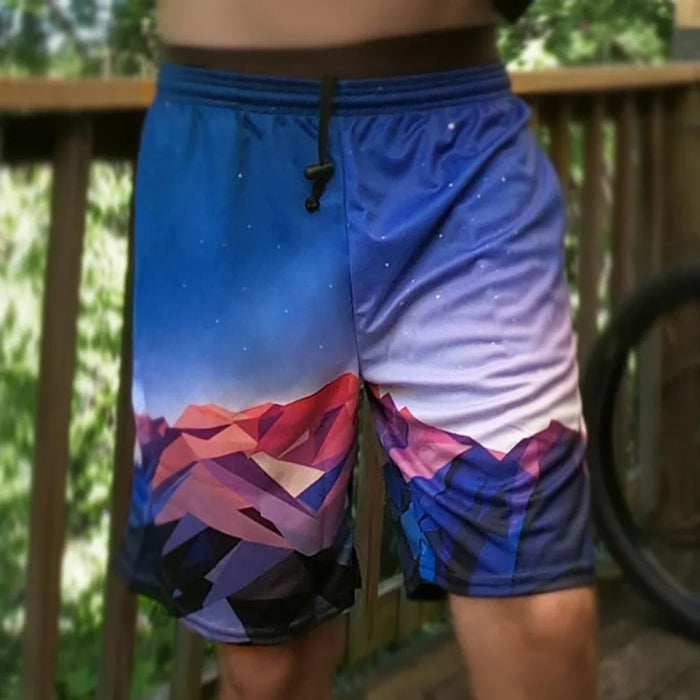 Poly Mountain Men's Gym Shorts in Geometric Twilight Peaks. OEKO-TEX® 100, REACH Compliant, Zero-Wastewater Printing.