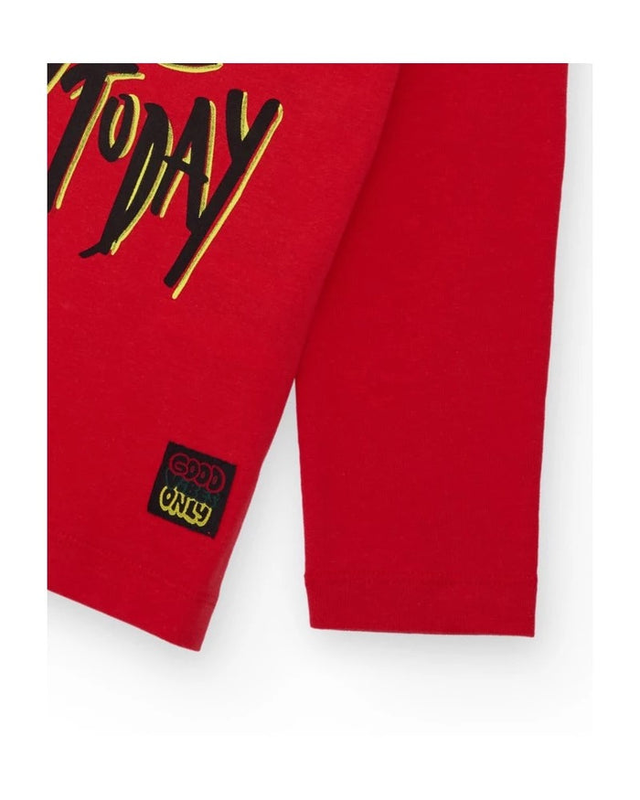 Red long-sleeve t-shirt for boys with graphic message