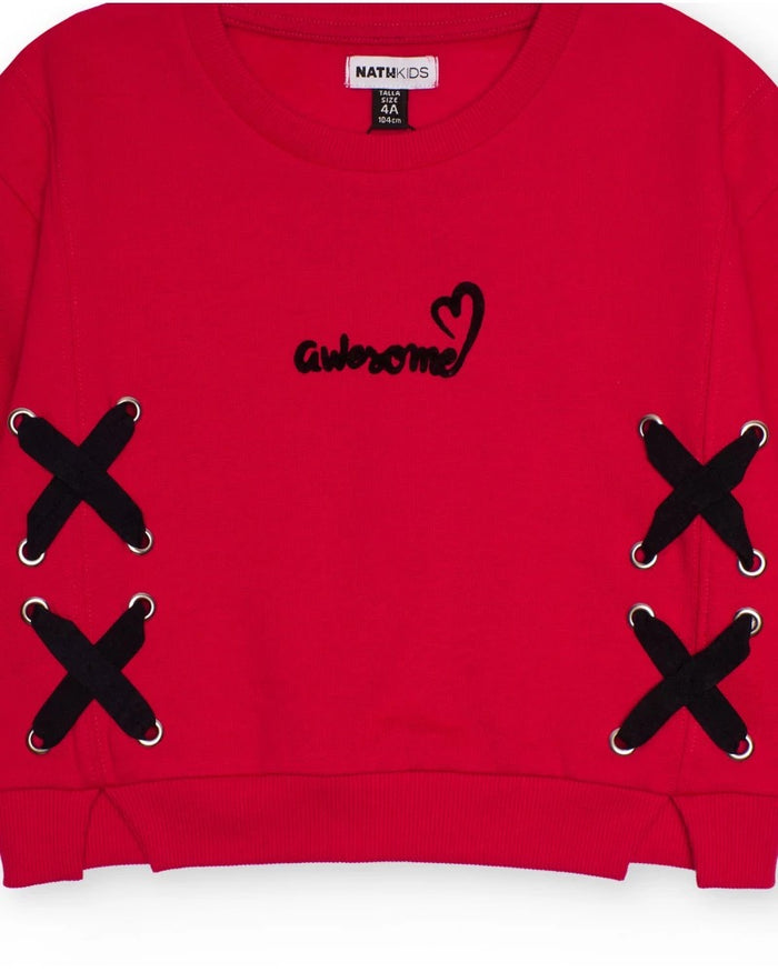 Red sweatshirt for girls with criss-cross bows
