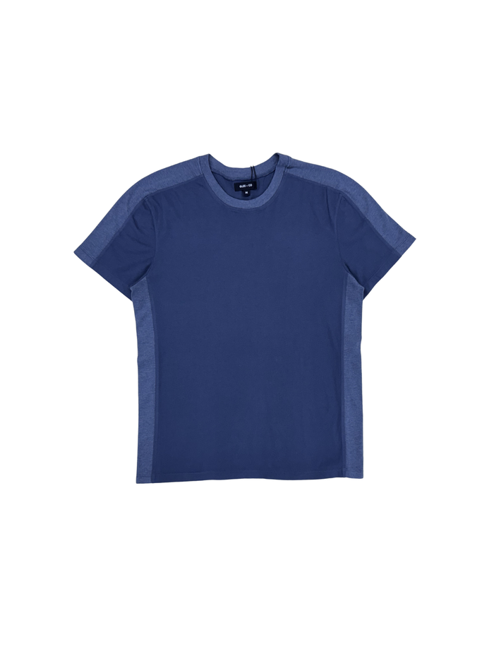Blue t-shirt with a contrasting sleeve design on a white background