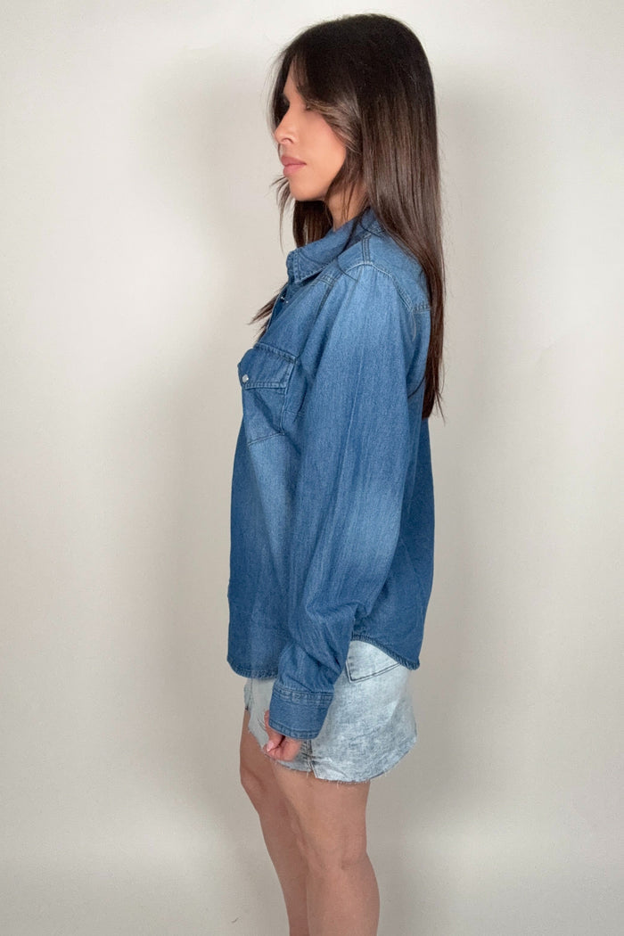 Style the Saints & Hearts Western Snap Button Medium Denim Shirt exclusively at Born To Glam