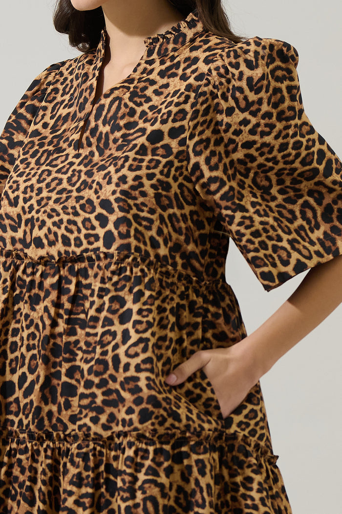 Shaina Leopard Dixie Split Neck Shift Dress