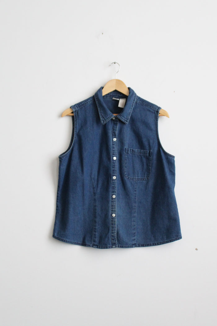 sleeveless denim button up