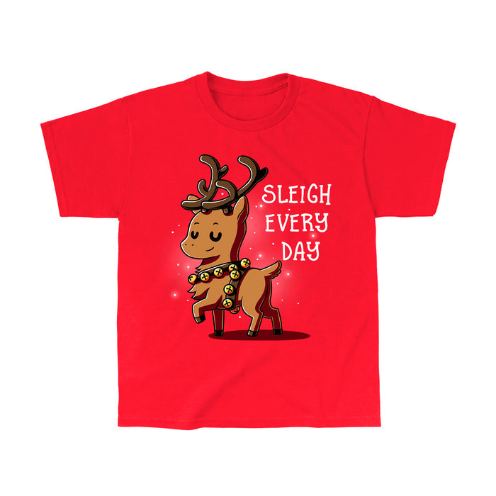 Classic Cotton T-shirt_TeeTurtle Sleigh Every Day red apparel featuring a sassy reindeer wearing bell harness with a Christmas pun next to it.