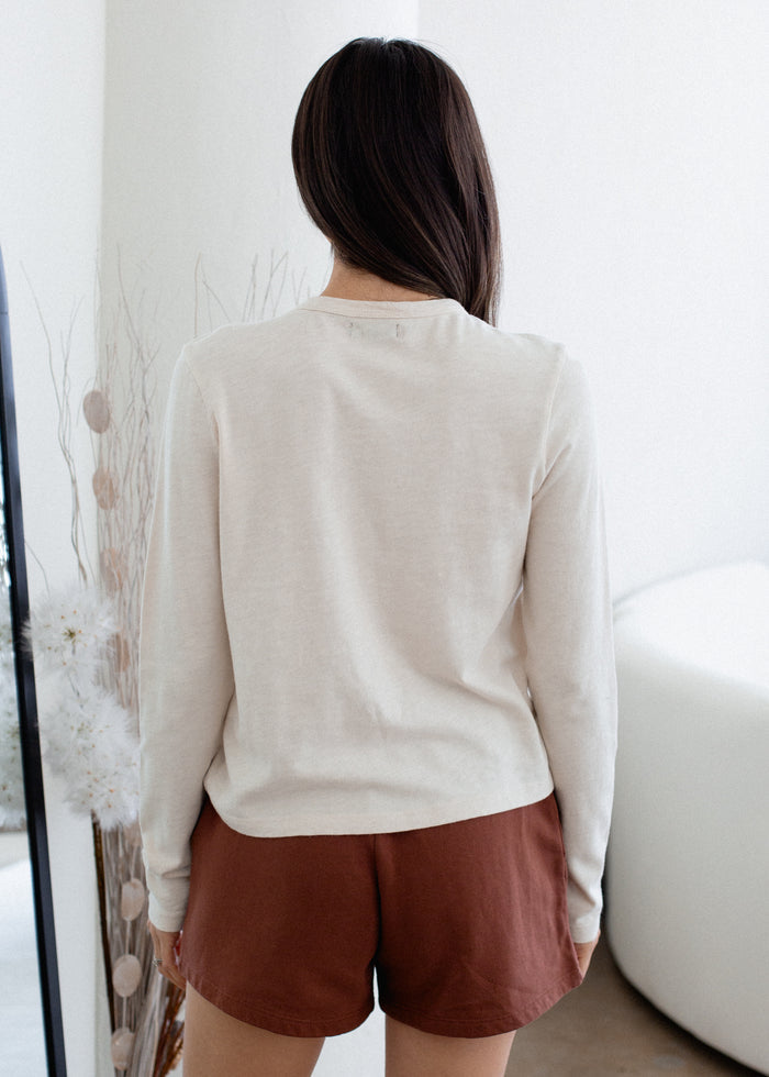 Back view of Slub Binding Long Sleeve on model