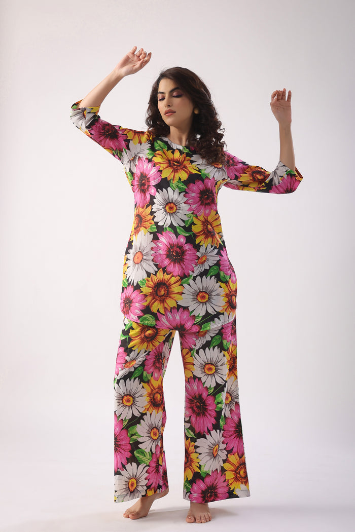 Sun Flower Print On Black Cotton Palazzo Loungewear Set