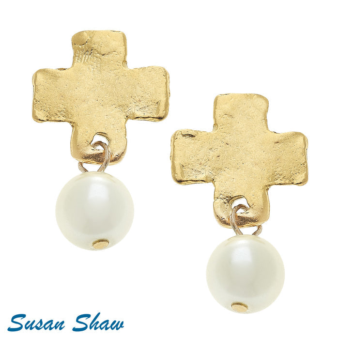 Gold gross with pearl drop earring